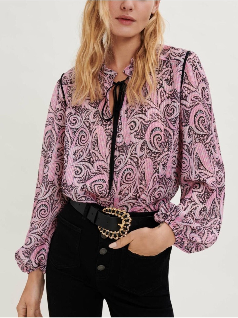 Maje Pink Paisley Long-Sleeve Tie-Neck Blouse